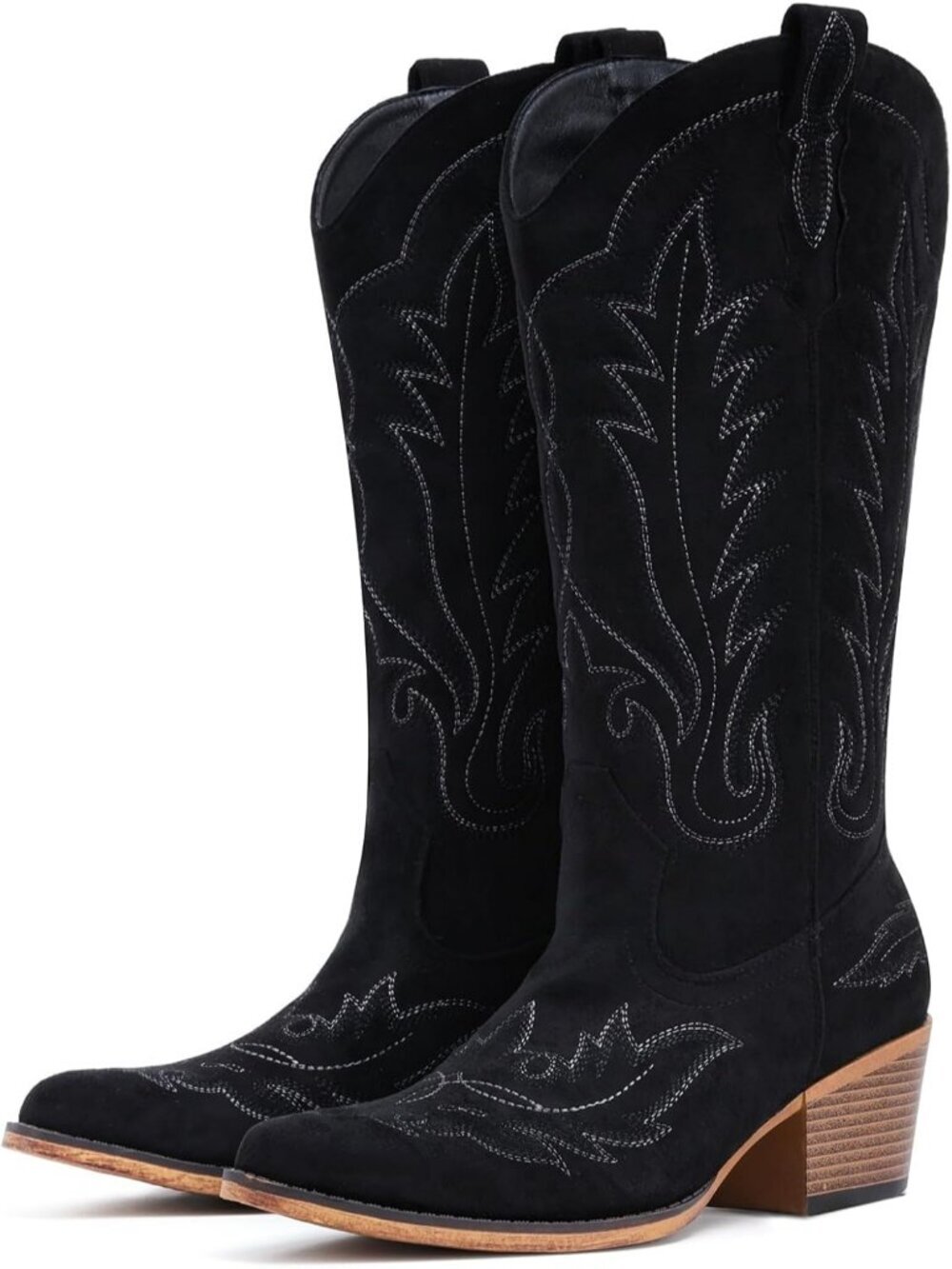 Women's Black Western Mid Calf Cowgirl Boots with Embroidered, Retro Snip Toe F